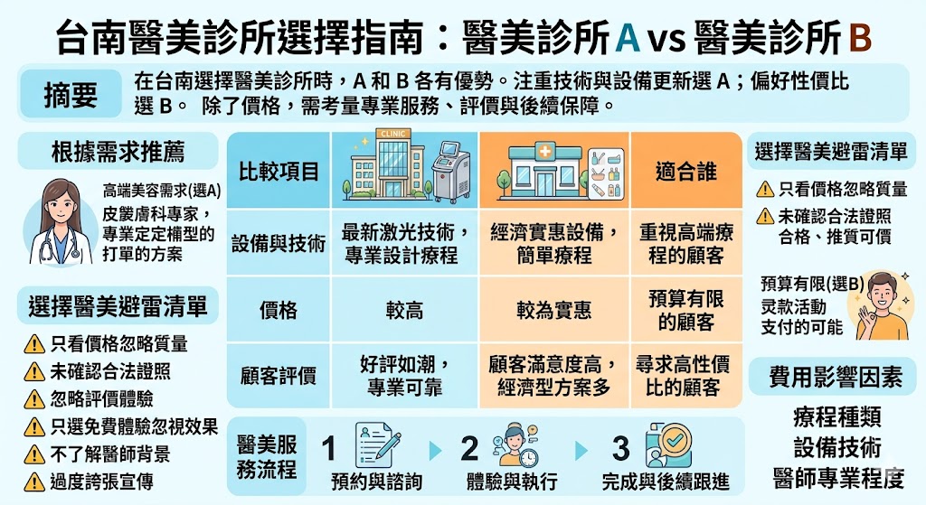 選擇台南醫美診所時，醫美診所 A 和醫美診所 B 各有特色。若你注重高端技術與設備更新，醫美診所 A 提供專業的激光美容服務，適合對美容效果要求高的顧客；而若你偏好價格合理的療程，醫美診所 B 則提供性價比高的服務，尤其適合預算有限的顧客。了解診所的服務、評價與費用是做出最佳選擇的關鍵。
