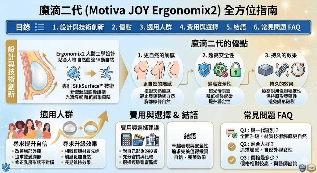 魔滴二代（Motiva JOY Ergonomix2）是由Establishment Labs推出的全新隆乳假體，相較於傳統的隆乳假體，魔滴二代在材質、設計與技術上都做出了全面升級。它不僅觸感更自然，還能隨著身體的運動進行自然律動，呈現出宛如天生的胸部外觀。這款魔滴二代隆乳假體於2023年底引進台灣，是追求自然美與高安全性的女性的首選。