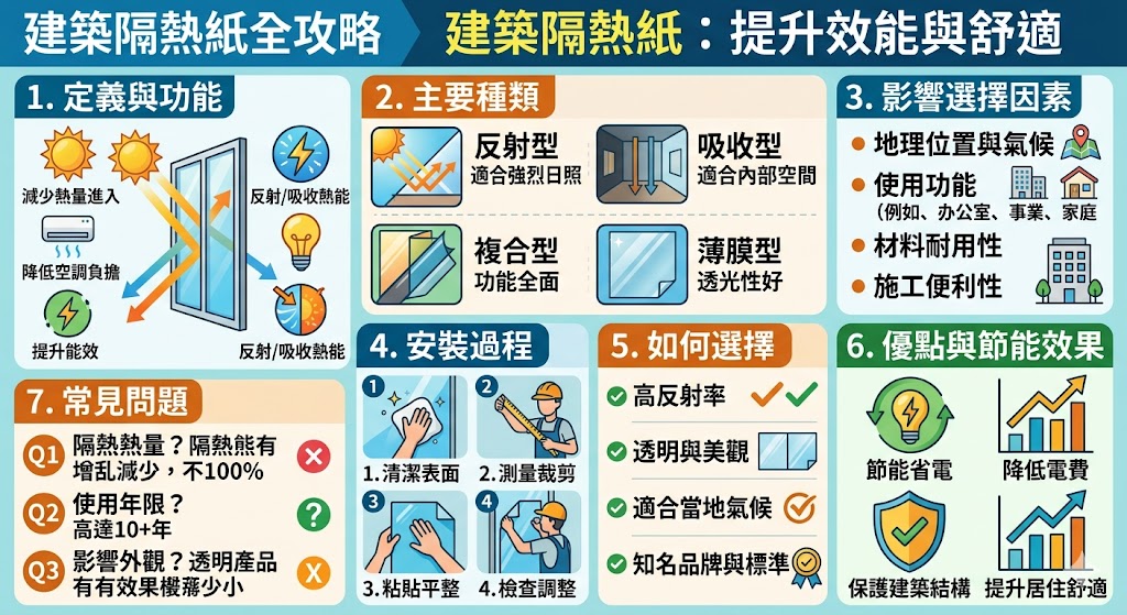 本篇文章介紹了建築隔熱紙的功能與安裝過程，幫助消費者了解如何選擇適合的建築隔熱紙，並有效提升建築的節能效果。從不同種類的隔熱紙到選擇因素，文章詳細解析如何根據地理環境、建築用途及預算來選擇最佳方案，並提供安裝的步驟與常見問題解答。了解建築隔熱紙的優勢，讓您的建築更加舒適並降低能源開支。