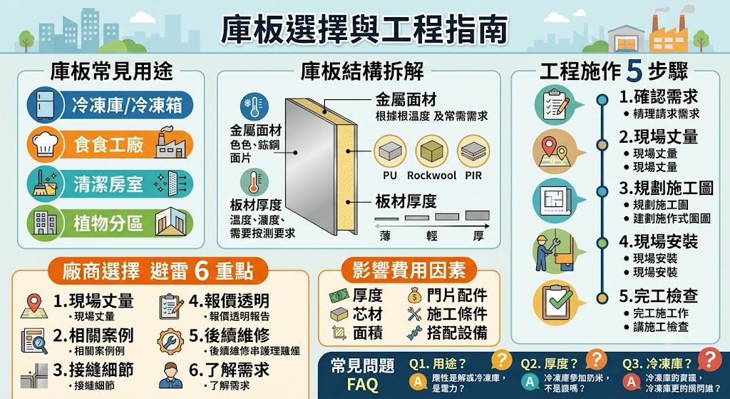 庫板是冷凍庫、冷藏庫、食品廠、無塵室與廠房隔間常見的複合式建材，具備隔熱、保溫、快速施工與空間區隔等特性。選擇庫板時，需依照使用環境、溫度需求、板材厚度、芯材種類、防火要求與施工品質進行評估。本文整理庫板用途、施工流程、費用影響因素與廠商挑選重點，協助有冷凍、冷藏、倉儲或潔淨空間需求的人，快速了解適合的庫板規劃方式。