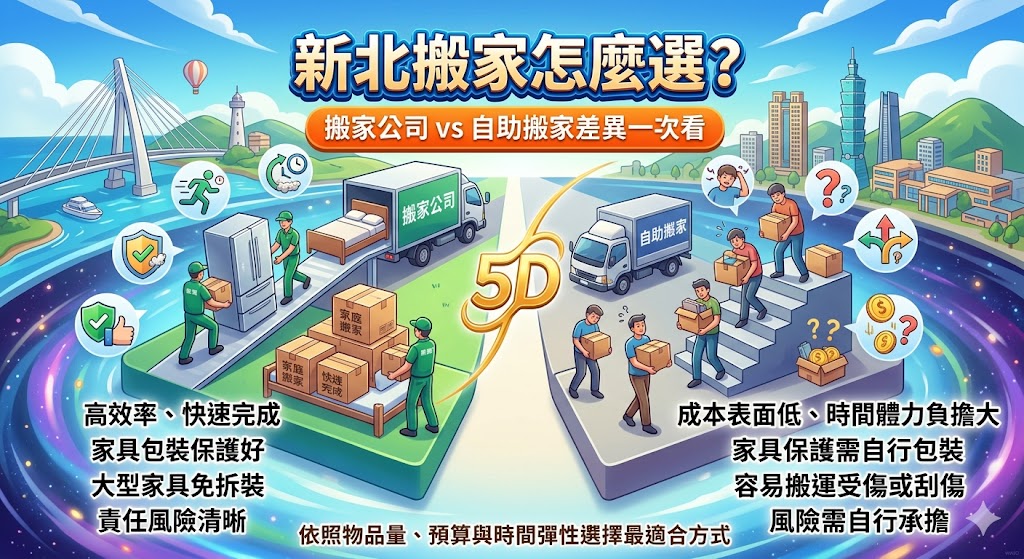 想找新北搬家服務，建議先比較搬家公司與自助搬家的差異，從費用、家具保護、搬運效率、樓層條件與是否需要拆裝來評估。新北搬家若物品多、有大型家具或時間緊湊，適合找專業搬家公司；若物品少、距離短、預算有限，也可考慮自助搬家或小型搬運服務，讓搬家過程更順利。